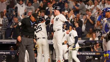 New York (United States), 05/10/2024.- New York Yankees' Alex Verdugo (R) and Gleyber Torres (C) react after making it to home base against the Kansas City Royals during the Major League Baseball (MLB) American League Division Series playoff game one between the Kansas City Royals and the New York Yankees in New York, New York, 05 October 2024. The series is the best-of-five games. (Nueva York) EFE/EPA/SARAH YENESEL