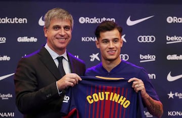Philippe Coutinho and Jordi Mestre pose with the club shirt REUTERS/Albert Gea/File Photo