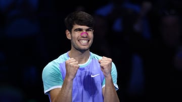 Tennis - ATP Finals - Inalpi Arena, Turin, Italy - November 13, 2024 Spain's Carlos Alcaraz celebrates after winning his singles group stage match against Russia's Andrey Rublev REUTERS/Guglielmo Mangiapane