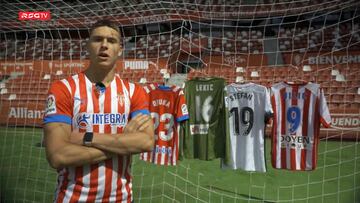 01-09-2022. EL SERBIO MILOVANOVIC POSA JUNTO A LAS CAMISETAS DE LOS ULTIMOS BALCÁNICOS DEL SPORTING.