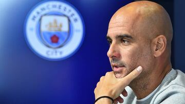 MANCHESTER, ENGLAND - OCTOBER 21: Pep Guardiola, Manager of Manchester City speaks with the media during a Press Conference at  The Academy Stadium on October 21, 2019 in Manchester, England. (Photo by Nathan Stirk/Getty Images)