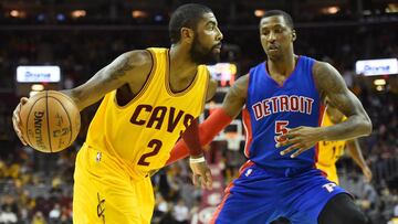 Nov 18, 2016; Cleveland, OH, USA; Cleveland Cavaliers guard Kyrie Irving (2) drives as Detroit Pistons guard Kentavious Caldwell-Pope (5) defends during the second half at Quicken Loans Arena. The Cavs won 104-81. Mandatory Credit: Ken Blaze-USA TODAY Sports