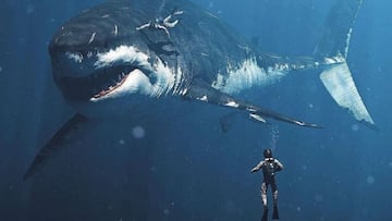 Dos buceadores observan y tocan a un megalodón con la boca abierta bajo el agua.