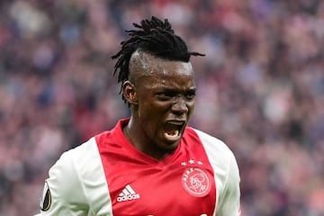 Ajax forward Bertrand Traore reacts after fourth goal during UEFA Europa League semi-final, first leg, Ajax Amsterdam v Olympique Lyonnais.