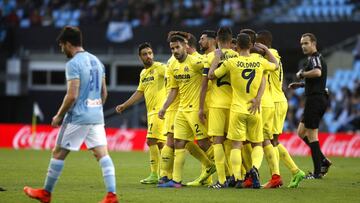 GRA399. Vigo, 12/03/2017.- Los jugadores del Villarreal celebran el primer gol del equipo castellonense, durante el encuentro correspondiente a la jornada 27 de primera división, que disputan esta tarde frente al Celta de Vigo en el estadio vigués de Balaidos. EFE / Salvador Sas.