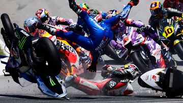 BARCELONA, SPAIN - JUNE 5: Alex Rins of Spain and Takaaki Nakagami of Japan falling after crashing during the Moto GP of Catalunya at Circuit de Barcelona-Catalunya on June 5, 2022 in Barcelona, Spain. (Photo by Joan Cros Garcia - Corbis/Corbis via Getty Images)