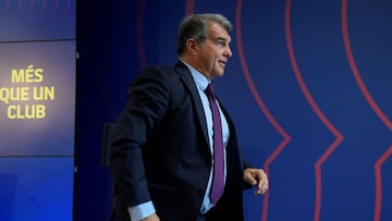 Barcelona&#039;s Spanish President Joan Laporta leaves after addressing a press conference in Barcelona on October 29, 2021, on the eve of their Spanish league football match against Deportivo Alaves. - Barjuan will be in charge at Camp Nou after Koeman&#