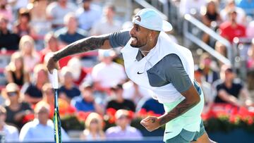 MONTREAL, QUEBEC - AUGUST 10: Nick Kyrgios of Australia serves against Daniil Medveded during Day 5 of the National Bank Open at Stade IGA on August 10, 2022 in Montreal, Canada.   Minas Panagiotakis/Getty Images/AFP
== FOR NEWSPAPERS, INTERNET, TELCOS & TELEVISION USE ONLY ==