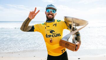 LOWER TRESTLES, CALIFORNIA, UNITED STATES - SEPTEMBER 9: WSL Champion Filipe Toledo of Brazil after winning the 2023 World Title at the Rip Curl WSL Finals on September 9, 2023 at Lower Trestles, California, United States. (Photo by Pat Nolan/World Surf League)