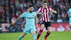 BILBAO, SPAIN - OCTOBER 28:  Lionel Messi of FC Barcelona competes for the ball with Inigo Cordoba of Athletic Club during the La Liga match between Athletic Club Bilbao and FC Barcelona at San Mames Stadium on October 28, 2017 in Bilbao, Spain.  (Photo by Juan Manuel Serrano Arce/Getty Images)