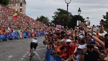Belgium's Remco Evenepoel cycles in a lone breakaway in Montmartre during the men's cycling road race during the Paris 2024 Olympic Games in Paris, on August 3, 2024. (Photo by Tim De Waele / POOL / AFP)