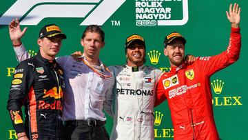 Verstappen, Hamilton y Vettel, en el podio del GP de Hungr&iacute;a de F1 2019. 