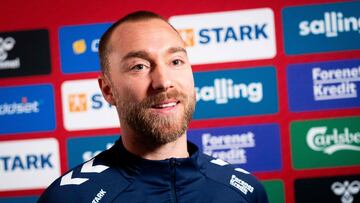 Danish footballer Christian Eriksen speaks to media in the mixed zone with the men's national football team in Helsingoer, Wednesday, November 13, 2024., 2024, prior the two UEFA Nations League matches against Spain and Serbia. (Photo by Ida Marie Odgaard / Ritzau Scanpix / AFP) / Denmark OUT