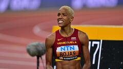 Venezuela's Yulimar Rojas reacts as she competes in the women's triple jump final during the World Athletics Championships at the National Athletics Centre in Budapest on August 25, 2023. (Photo by ANDREJ ISAKOVIC / AFP)