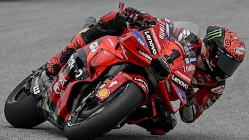 Ducati Lenovo Team's Italian rider Francesco Bagnaia rides during the qualifying session of the MotoGP Malaysian Grand Prix at the Sepang International Circuit in Sepang on November 2, 2024. (Photo by Lillian SUWANRUMPHA / AFP)