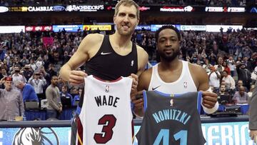 Feb 13, 2019; Dallas, TX, USA; Dallas Mavericks forward Dirk Nowitzki (left) and Miami Heat guard Dwyane Wade (right) exchange jerseys after the game at American Airlines Center. Mandatory Credit: Kevin Jairaj-USA TODAY Sports