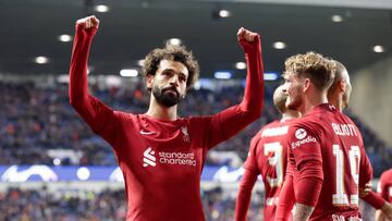 Liverpool's Mohamed Salah celebrates scoring their side's sixth goal of the game to complete his hat-trick during the UEFA Champions League Group A match at the Ibrox Stadium, Glasgow. Picture date: Wednesday October 12, 2022. (Photo by Steve Welsh/PA Images via Getty Images)