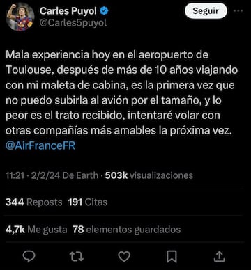 El mensaje de Carles Puyol en su perfil de X.