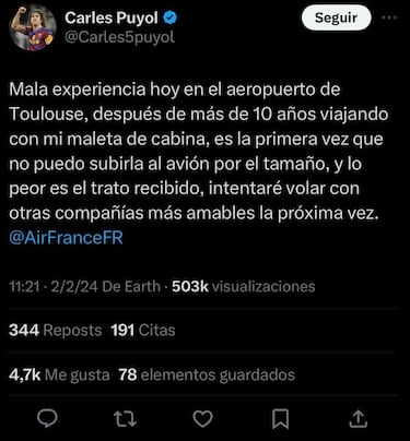 La ¡°mala experiencia¡± de Puyol con una aerol¨ªnea francesa: ¡°Lo peor es el trato recibido¡±