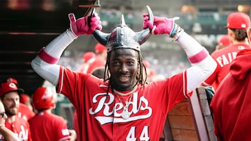 CHICAGO, ILLINOIS - AUGUST 03: Elly De La Cruz #44 of the Cincinnati Reds celebrates in the dugout after hitting a solo home run during the first inning of a game against the Chicago Cubs at Wrigley Field on August 03, 2023 in Chicago, Illinois.   Nuccio DiNuzzo/Getty Images/AFP (Photo by NUCCIO DINUZZO / GETTY IMAGES NORTH AMERICA / Getty Images via AFP)