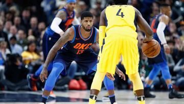 INDIANAPOLIS, IN - DECEMBER 13: Paul George #13 of the Oklahoma City Thunder defends Victor Oladipo #4 of Indiana Pacers during the game at Bankers Life Fieldhouse on December 13, 2017 in Indianapolis, Indiana. NOTE TO USER: User expressly acknowledges and agrees that, by downloading and or using this photograph, User is consenting to the terms and conditions of the Getty Images License Agreement.   Andy Lyons/Getty Images/AFP
 == FOR NEWSPAPERS, INTERNET, TELCOS &amp; TELEVISION USE ONLY ==