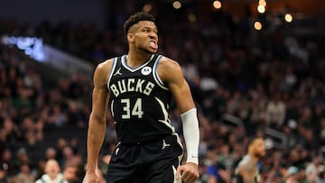 MILWAUKEE, WISCONSIN - APRIL 09: Giannis Antetokounmpo #34 of the Milwaukee Bucks reacts to a score during the first half of a game against the Boston Celtics at Fiserv Forum on April 09, 2024 in Milwaukee, Wisconsin. NOTE TO USER: User expressly acknowledges and agrees that, by downloading and or using this photograph, User is consenting to the terms and conditions of the Getty Images License Agreement.   Stacy Revere/Getty Images/AFP (Photo by Stacy Revere / GETTY IMAGES NORTH AMERICA / Getty Images via AFP)