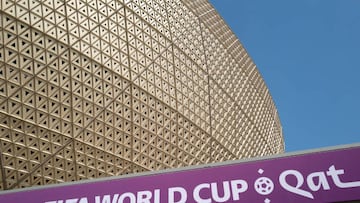 LUSAIL CITY, QATAR - NOVEMBER 22: A detail view of signage again the gold exterior of the Lusail Stadium during the FIFA World Cup Qatar 2022 Group C match between Argentina and Saudi Arabia at Lusail Stadium on November 22, 2022 in Lusail City, Qatar. (Photo by Matthew Ashton - AMA/Getty Images)