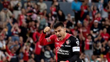 Atlas' Aldo Rocha celebrates his goal against Santos Laguna during the Mexican Clausura tournament football match at the Jalisco stadium in Guadalajara, Jalisco state, Mexico on February 4, 2024. (Photo by ULISES RUIZ / AFP)