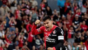 Atlas' Aldo Rocha celebrates his goal against Santos Laguna during the Mexican Clausura tournament football match at the Jalisco stadium in Guadalajara, Jalisco state, Mexico on February 4, 2024. (Photo by ULISES RUIZ / AFP)