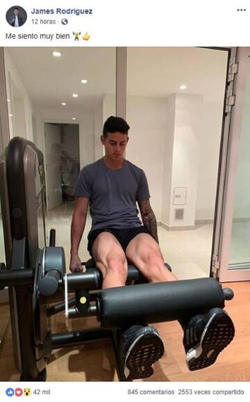 James Rodríguez en trabajos de fortalecimiento en medio de su proceso de recuperación.