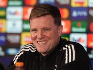 Newcastle United's English head coach Eddie Howe attends a press conference at St James' Park in Newcastle upon Tyne, on March 9, 2026, the eve of their UEFA Champions League Last 16 football match against Barcelona. (Photo by SCOTT HEPPELL / AFP)
