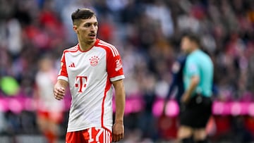 MUNICH, GERMANY - MARCH 9: Bryan Zaragoza of Bayern Muenchen reacts during the Bundesliga match between FC Bayern München and 1. FSV Mainz 05 at Allianz Arena on March 9, 2024 in Munich, Germany. (Photo by Daniel Kopatsch/Getty Images)