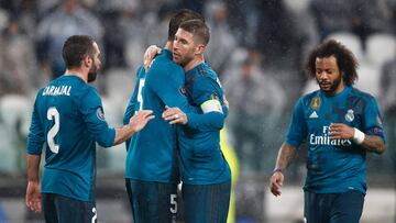 Carvajal, Varane, Sergio Ramos y Marcelo, durante un partido del Real Madrid.