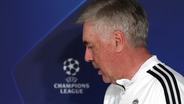 Real Madrid's Italian coach Carlo Ancelotti arrives for a press conference at the Ciudad Real Madrid training complex in Valdebebas, outskirts of Madrid on March 14, 2023, on the eve of the UEFA Champions League last 16 second leg football match between Real Madrid CF and Liverpool FC. (Photo by PIERRE-PHILIPPE MARCOU / AFP)