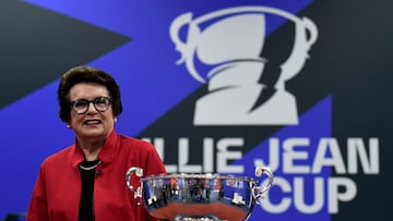 US tennis star Billie Jean King poses next to the tournament's trophy