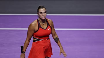 FILE PHOTO: Tennis - WTA Finals - Riyadh - King Saud University Indoor Arena, Riyadh, Saudi Arabia - November 8, 2025 Belarus' Aryna Sabalenka reacts during her final match against Kazakhstan's Elena Rybakina REUTERS/Hamad I Mohammed/File Photo