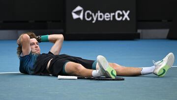 Melbourne (Australia), 14/01/2024.- Andrey Rublev of Russia reacts after winning his first-round match against Thiago Seyboth Wild of Brazil on Day 1 of the 2024 Australian Open at Melbourne Park in Melbourne, Australia, 14 January 2024. (Tenis, Brasil, Rusia) EFE/EPA/LUKAS COCH AUSTRALIA AND NEW ZEALAND OUT
