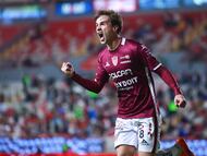 Agustin Palavecino celebrates goal 1-0 of Necaxa during the 15th round match between Necaxa and Santos as part of the Liga BBVA MX, Torneo Apertura 2025 at Victoria Stadium, on October 31, 2025 in Aguascalientes, Mexico.
