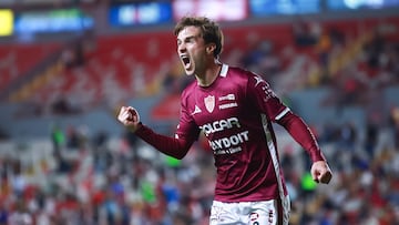 Agustin Palavecino celebrates goal 1-0 of Necaxa during the 15th round match between Necaxa and Santos as part of the Liga BBVA MX, Torneo Apertura 2025 at Victoria Stadium, on October 31, 2025 in Aguascalientes, Mexico.
