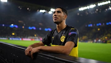 DORTMUND, GERMANY - NOVEMBER 05: Achraf Hakimi of Borussia Dortmund looks on following the UEFA Champions League group F match between Borussia Dortmund and Inter at Signal Iduna Park on November 05, 2019 in Dortmund, Germany. (Photo by Jörg Schü