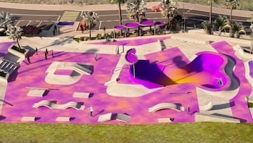Vista aérea de la recreación del nuevo skatepark de Marbella, diseñado por Huete Arquitectos.