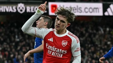 Arsenal's English midfielder #56 Max Dowman celebrates scoring their late second goal during the English Premier League football match between Arsenal and Everton at the Emirates Stadium in London on March 14, 2026. (Photo by Ben STANSALL / AFP) / RESTRICTED TO EDITORIAL USE. No use with unauthorized audio, video, data, fixture lists, club/league logos or 'live' services. Online in-match use limited to 120 images. An additional 40 images may be used in extra time. No video emulation. Social media in-match use limited to 120 images. An additional 40 images may be used in extra time. No use in betting publications, games or single club/league/player publications. /