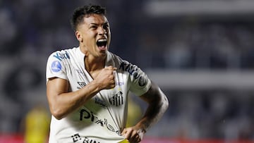 Marcos Leonardo celebra un gol con el Santos.