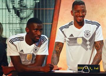 Jerome Boateng attend the presentation of the new adidas Germany kit for the 2018 FIFA World Cup Russia, here with Antonio Ruediger.