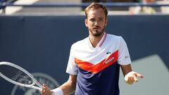 Aug 10, 2023; Toronto, Ontario, Canada; Daniil Medvedev reacts to a call during a match against Lorenzo Musetti (not pictured) at Sobeys Stadium. Mandatory Credit: John E. Sokolowski-USA TODAY Sports