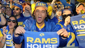 Feb 7, 2022; Westlake Village, CA, USA; Los Angeles Rams fans react during Super Bowl LVI Opening Night at Oaks Christian High School. Mandatory Credit: Kirby Lee-USA TODAY Sports