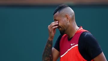 INDIAN WELLS, CALIFORNIA - MARCH 17 Nick Kyrgios of Australia shows his emotion during his three set defeat against Rafael Nadal of Spain in their quarterfinal match on Day 11of the BNP Paribas Open at the Indian Wells Tennis Garden on March 17, 2022 in Indian Wells, California.   Clive Brunskill/Getty Images/AFP
== FOR NEWSPAPERS, INTERNET, TELCOS & TELEVISION USE ONLY ==