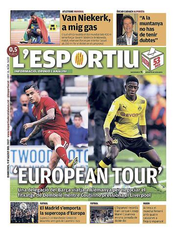 Portada de 'L'Esportiu' del miércoles, 9 de agosto de 2017.