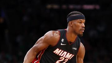 BOSTON, MASSACHUSETTS - MAY 29: Jimmy Butler #22 of the Miami Heat dribbles during the third quarter against the Boston Celtics in game seven of the Eastern Conference Finals at TD Garden on May 29, 2023 in Boston, Massachusetts. NOTE TO USER: User expressly acknowledges and agrees that, by downloading and or using this photograph, User is consenting to the terms and conditions of the Getty Images License Agreement.   Maddie Meyer/Getty Images/AFP (Photo by Maddie Meyer / GETTY IMAGES NORTH AMERICA / Getty Images via AFP)