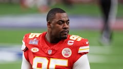 LAS VEGAS, NEVADA - FEBRUARY 11: Chris Jones #95 of the Kansas City Chiefs looks on prior to Super Bowl LVIII against the San Francisco 49ers at Allegiant Stadium on February 11, 2024 in Las Vegas, Nevada.   Harry How/Getty Images/AFP (Photo by Harry How / GETTY IMAGES NORTH AMERICA / Getty Images via AFP)